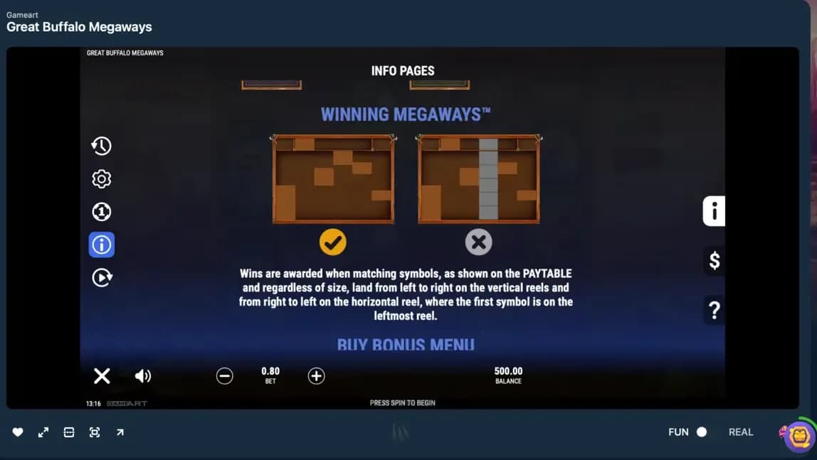 Slot information screen showing Megaways winning mechanics and adjacent reel symbol combinations.