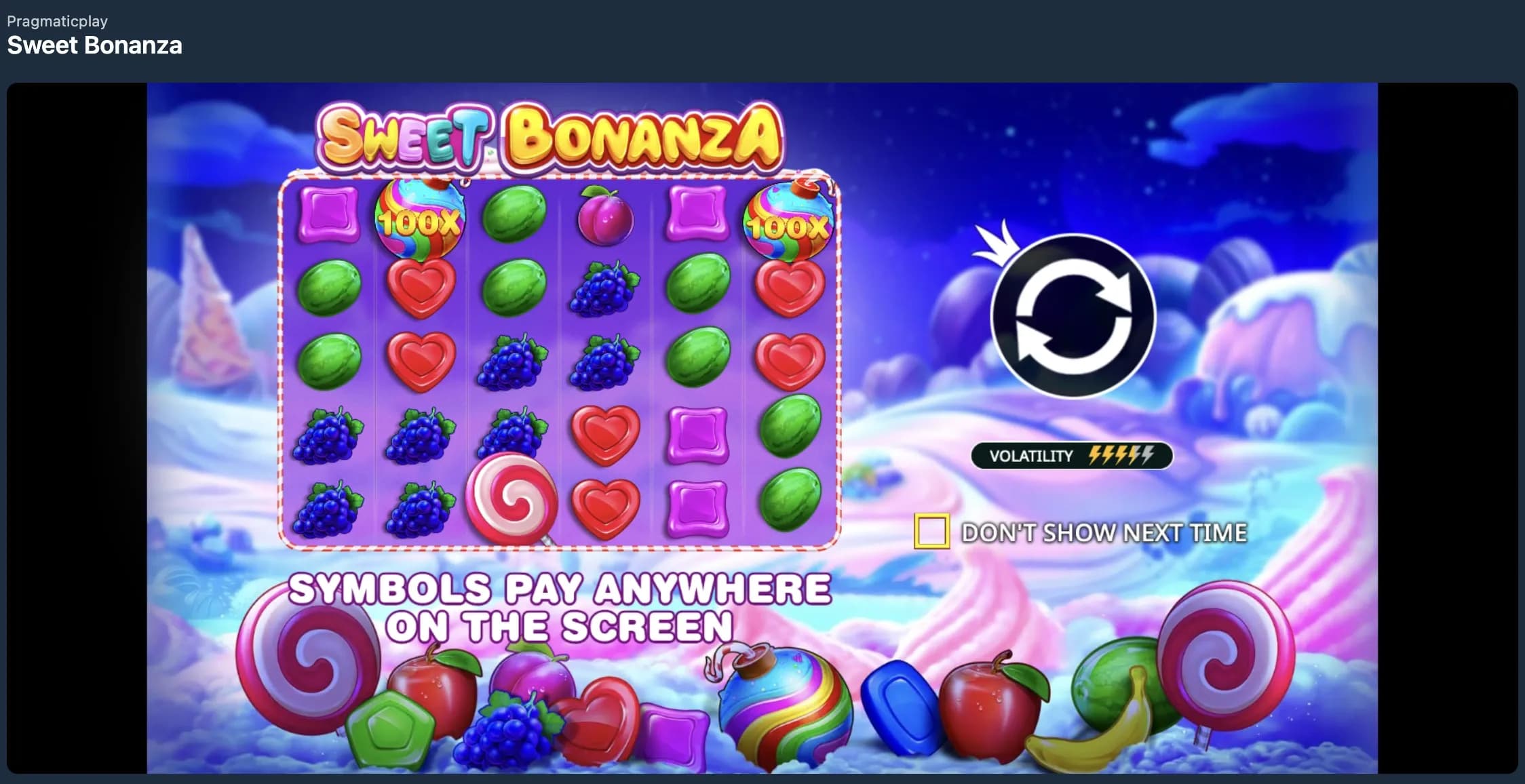 Sweet Bonanza slot game screen with fruit symbols and multiplier features visible
