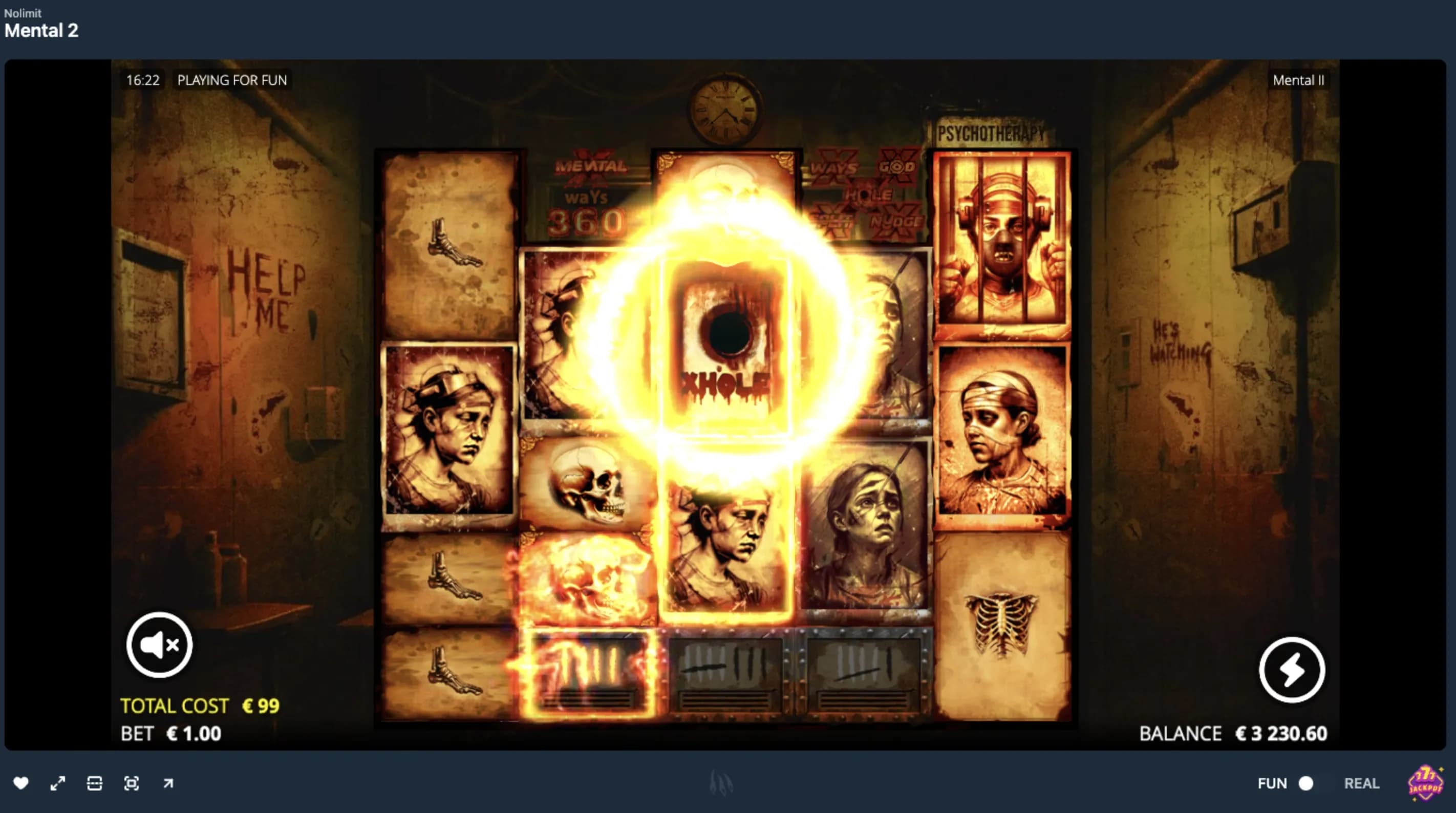 Slot game bonus round in progress with reels and special feature effects visible