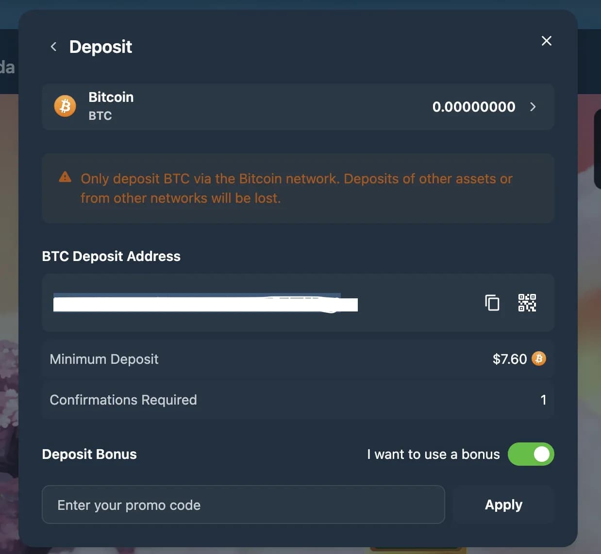 Wild.io Bitcoin deposit screen with wallet address and bonus option