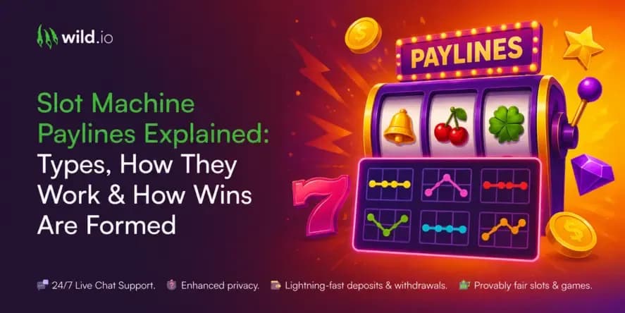 Wild.io slot machine paylines illustration showing a video slot with cherries, bells, clovers, and colorful payline pattern examples explaining how wins are formed.