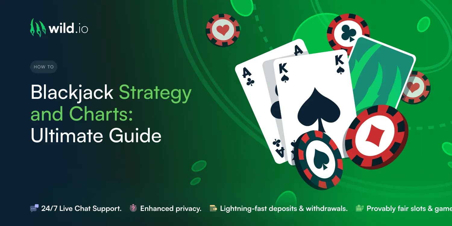 Blackjack strategy and charts guide banner with cards and optimal play illustration